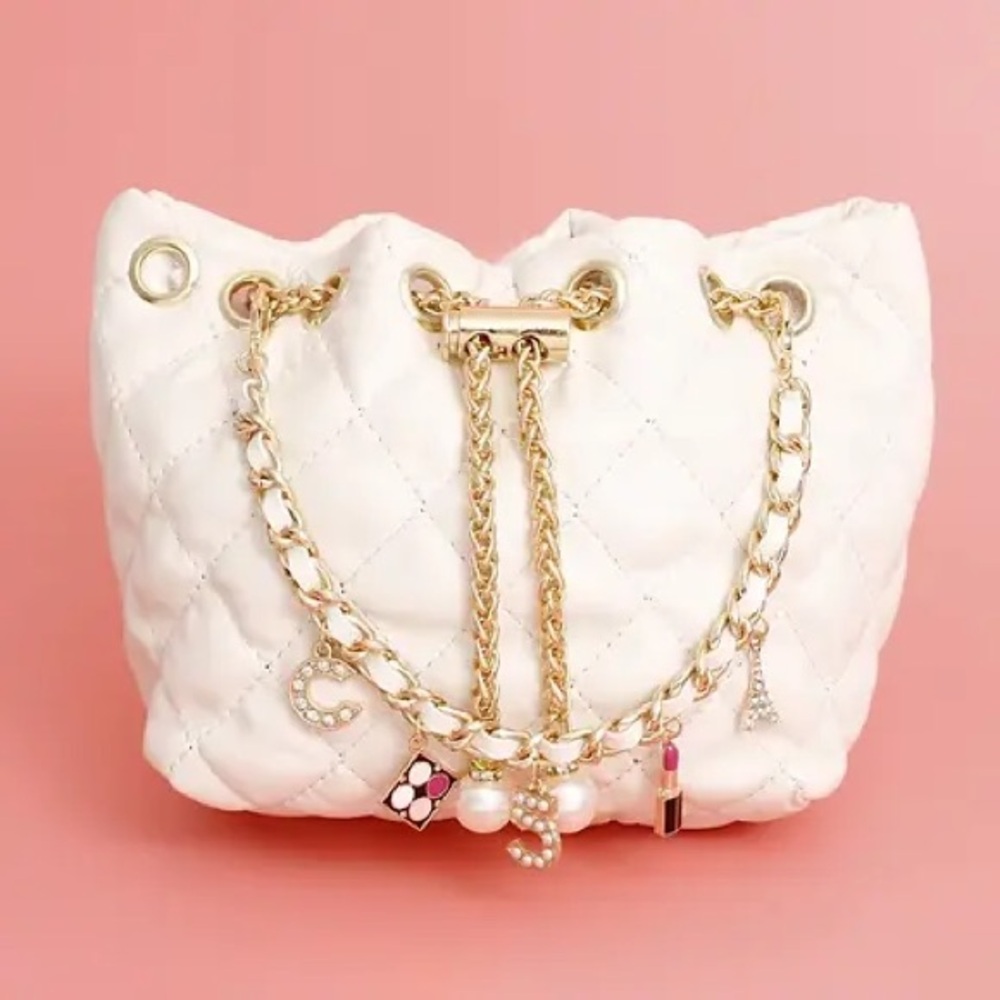 Gold & White Leather Mini Bucket Bag Pearl Charm Purse Cute Womens Chain Link